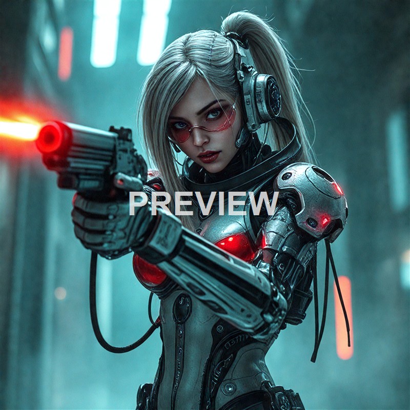 A female cyborg with blonde hair in a high ponytail, wearing futuristic armor and goggles, is aiming a gun with a laser sight in a sci-fi environment.